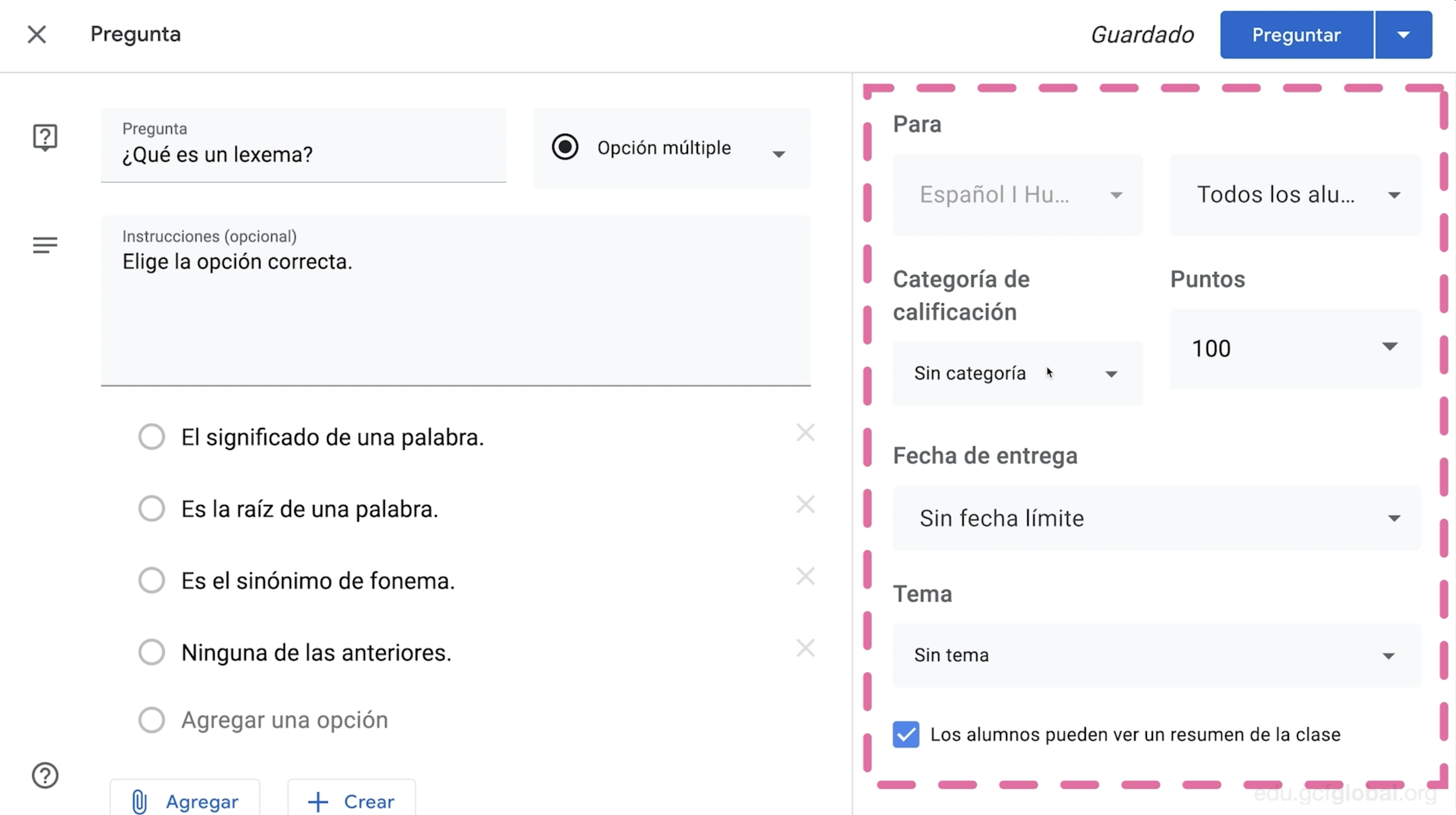 Panel derecho de ajustes para tarea de pregunta en Google Classroom